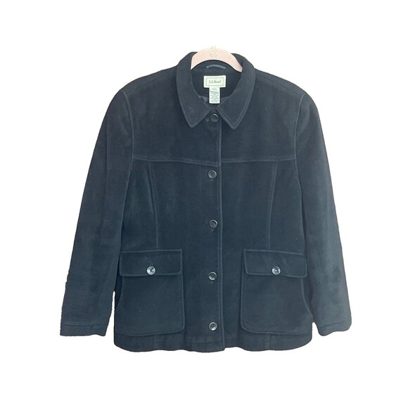 LL Bean Wool Peacoat Coat Womens Petite Medium‎ Jacket Black Button - Picture 1 of 8